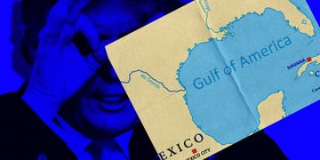 Map of the "Gulf of America" - Donald Trump in the background