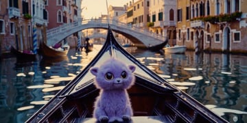 AI video generated by OpenAI Sora, featuring a Furby-like creature in a gondola in Venice