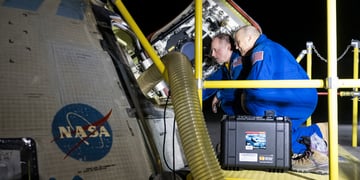 Boeing Starliner capsule after returning to Earth uncrewed in 2024, NASA logo can be seen