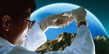A scientist with test tunes next to a new planet.