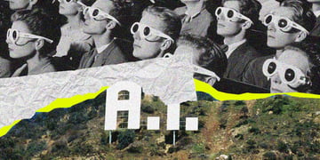 AI as a Hollywood sign with an audience wearing 3D glasses.