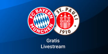 FCB und St. Pauli-Logos vor blauem Hintergrund mit Gratis-Livestream Aufschrift