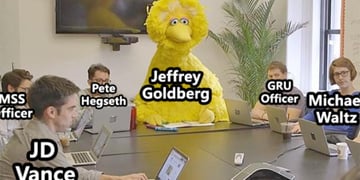 Meme featuring Jeffrey Goldberg as Big Bird among clueless White House officials in Signal chat