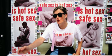 A retro picture of a safe sex stand.
