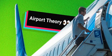 An influencer boarding a plane in a hurry.