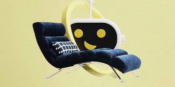 An AI bot next to a therapist's chair.
