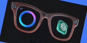 A pair of Ray-ban glasses featuring the Meta and ChatGPT logos in the lenses.