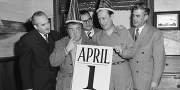 People celebrating April 1 in black and white.