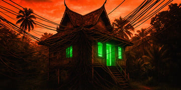 A haunted house with many cables glowing green with a red backdrop.