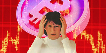 Women shocked expression bitcoin symbol in the background