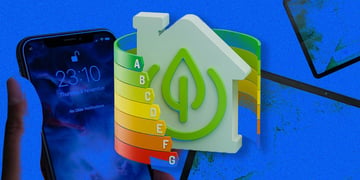 statistics arounda eco-friendly home, sylized green button, a lief, blue background, smartphone