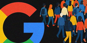 group of people walking away from Google logo