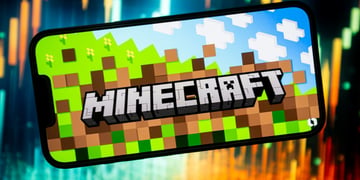 The minecraft logo on a mobile phone.