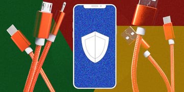 smartphone with USB cable and shield on screen