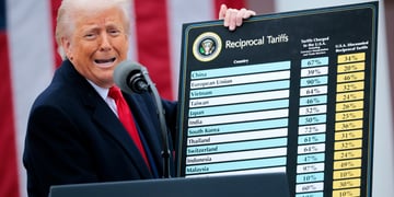 Trump holding up his tariff board.
