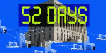 government building with timer on it blue background, some tiny institutions around
