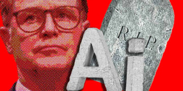 Nick Clegg next to a stone grave and stone 'AI' letters.