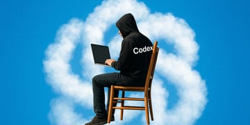agent dressed in black on a cloud, sky blue background, coding, codex sign on back