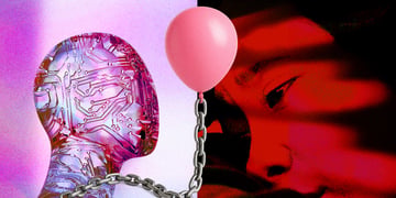 An exploited sex worker, sharing a divided screen with a robot wearing a balloon.