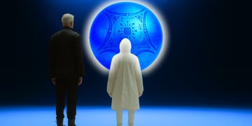 Observers looking at an orb in a gallery.
