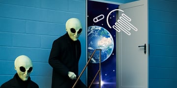 Two aliens stepping through a space portal.