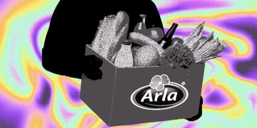 hacker in black, sptealing a black and white food box from Arla, colorful background