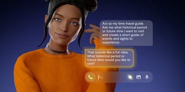 digital avatar in orange jumper, black hair and dark skin, chatting with somebody, blue background