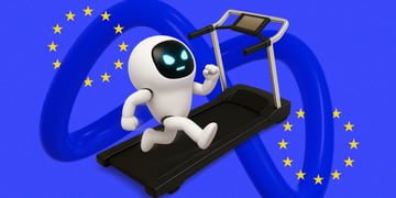 bot running on treadmill in blue background with meta logo behind and EU flag stars