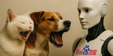 white cat, brown dog, baidu robot, sandy background