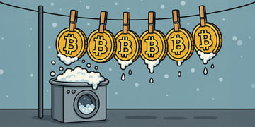 wet crypto coins hanging out to dry with washing machine below them