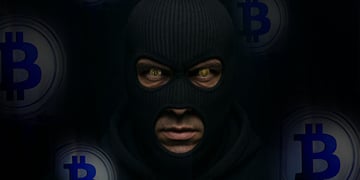 thief with bitcoins instead of eyes, black mask