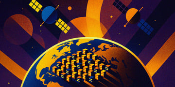 Data centers in space in a colorful cubist style.