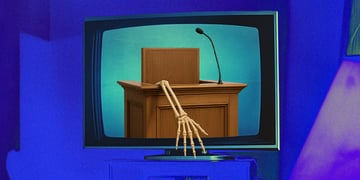 blue background, tv set, court stand, microphone, bone hand coming out