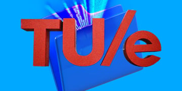 Eidenhoven university sign in red, blue folder in the background with light coming out of it
