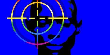 person in back, blue background, target with lgbtq colors
