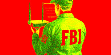 yellow fbi angent holding a router, red banckground