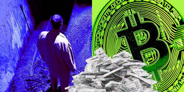 man on street, green bitcoin, pile of cash