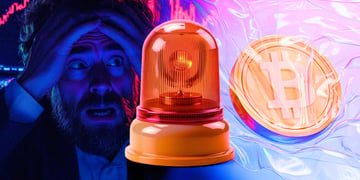 bitcoin, concerned man, red alarm