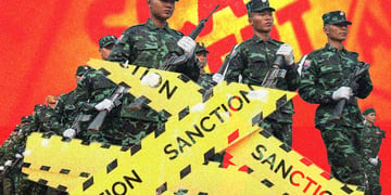 army men in uniform, guns, yellow tape with sanctions on them