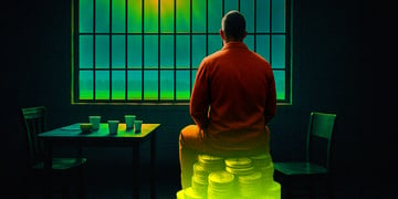 convict behind bars sitting-on a pile of bitcoins chair and tables next to him with cups on top