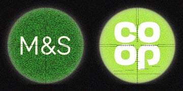 The logos of M&S and Co-op shops from UK on green backgrounds.
