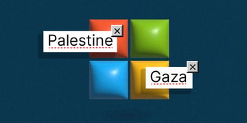Microsoft logo with terms "Palestine" and "Gaza"