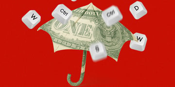 money umbrella with keyboard keys raining, red background