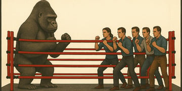 Five alpha males fighting a silverback gorilla in a boxing ring.