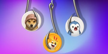 bish hooks with solana coins, two dogs and dolphin, purple background