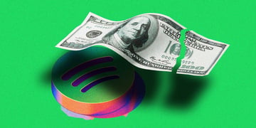 dollar in two peaces, green background, spotify logo