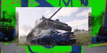 A tank crushing a Tesla in protest against Elon Musk