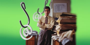 lawyer with hooks and boxes of documents