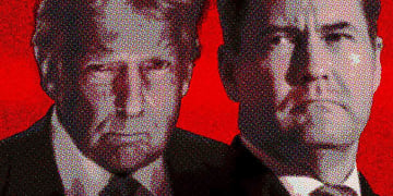 portrait on trump and waltz in red background