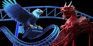 Blue eagle representing USA and a red dragon representing China on a rollercoaster